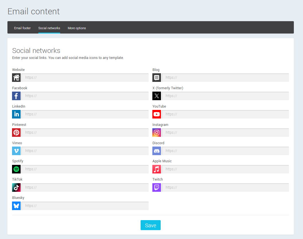 Add default links for your social networks
