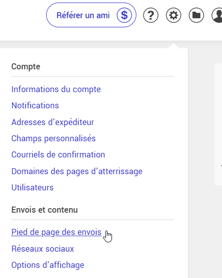 Pied de page des envois (dans les param&egrave;tres et configuration)